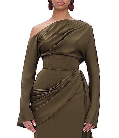 Andrea Iyamah Mati Satin Finish One-Shoulder Long Flute Sleeve Drape Bodysuit