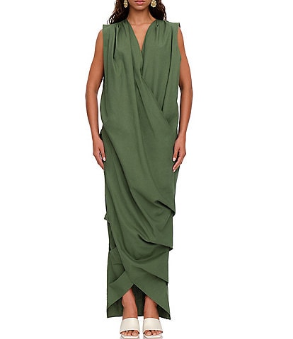 Andrea Iyamah Sayo Linen-Blend Surplice V-Neck Sleeveless Crossover Pleated Kaftan Dress