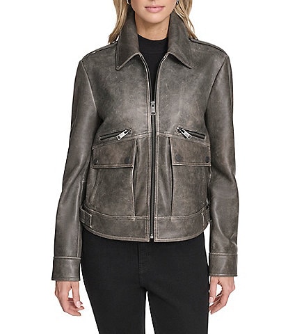 Andrew Marc Sport Addis Aviator Style Zip Front Leather Jacket