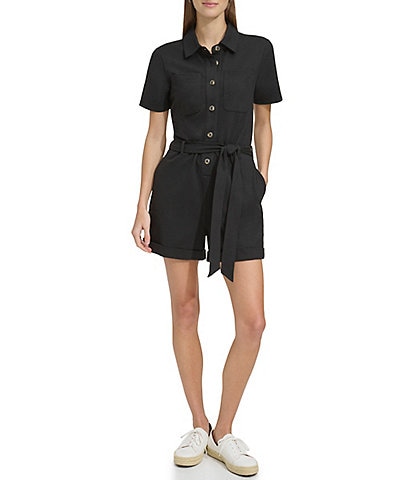 Andrew Marc Sport Knit Twill Point Collar Short Sleeve Utility Romper