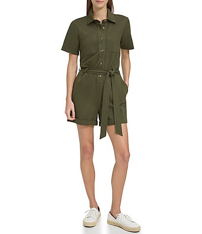Andrew Marc Sport Knit Twill Point Collar Short Sleeve Utility Romper