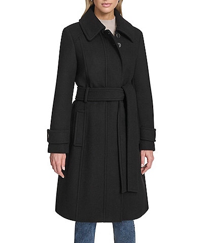 Andrew Marc Sport Lawley Wool Blend Point Collar Belted Zip Front Trench Coat