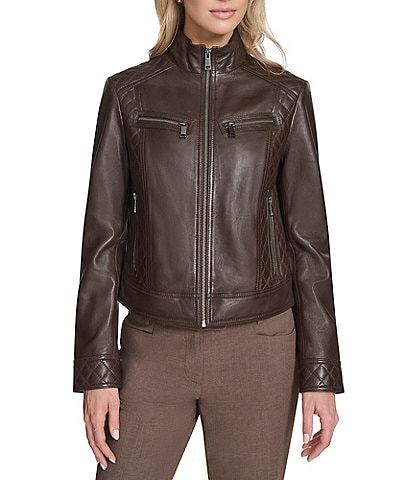 Andrew Marc Sport Mikel Racer Stand Collar Zip Front Leather Jacket