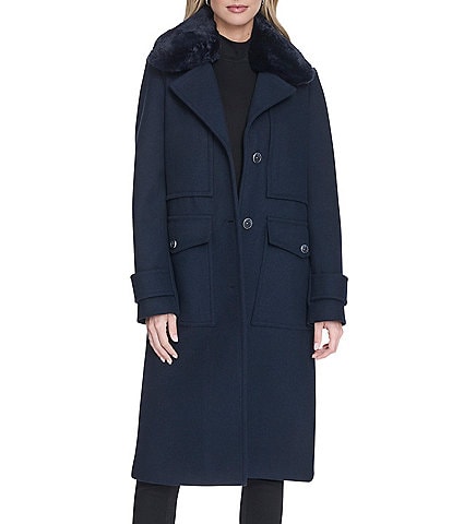 Andrew Marc Sport Olpae Military Inspired Removable Faux Fur Collar Wool Blend Trench Coat