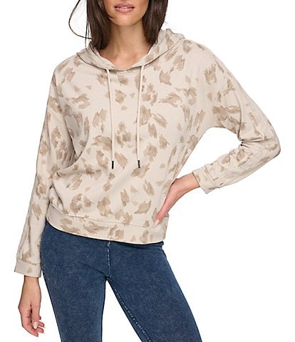 Andrew Marc Sport Printed French Terry Velvet Taping Hoodie Neck Long Sleeve Top