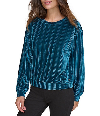 Andrew Marc Sport Ribbed Velvet Crew Neckline Long Sleeve Pullover