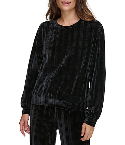 Andrew Marc Sport Ribbed Velvet Crew Neckline Long Sleeve Pullover