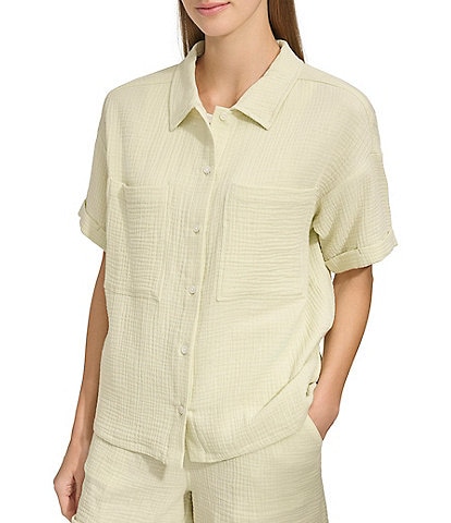 Andrew Marc Sport Short Sleeve Point Collar Gauzy Woven Camp Button Front Top