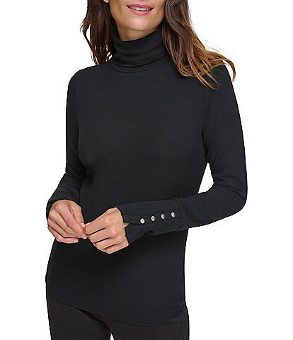 Andrew Marc Sport Solid Mini Ribbed Knit Turtleneck Long Button Sleeve Fitted Top