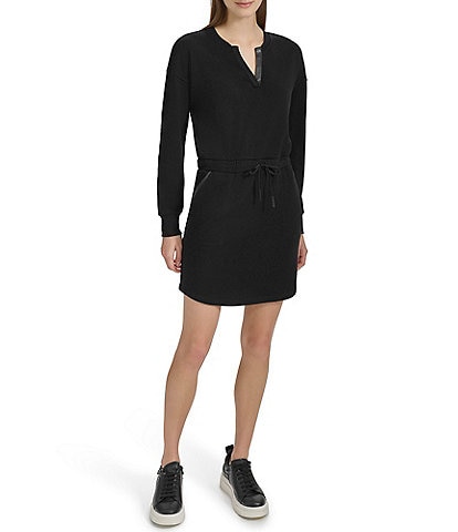 Andrew Marc Sport Split V Neckline Long Sleeve Dress