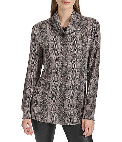 Andrew Marc Sport Stretch Printed Cowl Neck Long Sleeve Top