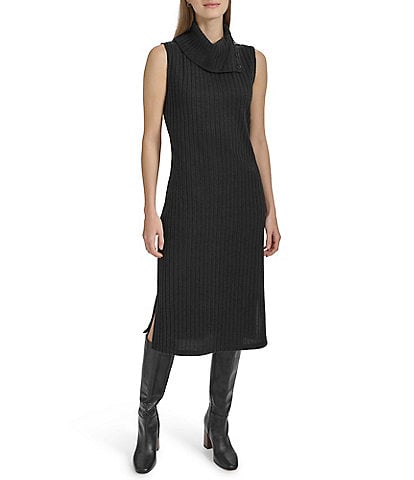 Andrew Marc Sport Stretch Ribbed Sleeveless Funnel Neck Midi Dress