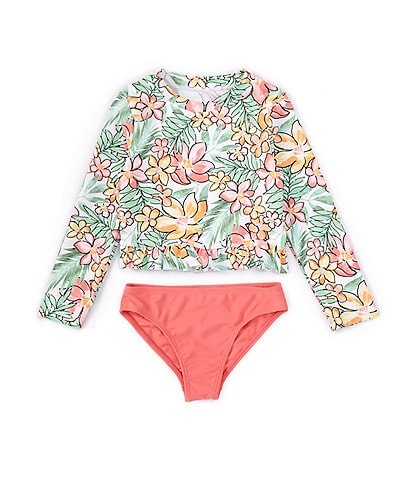 Angel Beach Little Girls 4-6X Long-Sleeve Floral-Printed Rashguard Swim Top & Solid Hipster Bottom 2-Piece Set