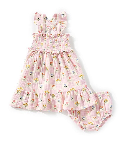 Angel Dear Baby Girls 6-24 Months Floral Check Smocked Ruffle Sundress & Diaper Cover
