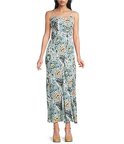 Angie -Printed Square Neck Lace Up Back Front Slit Midi Dress