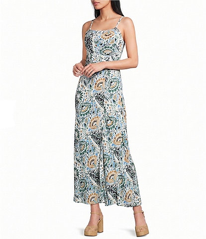 Angie Printed Square Neck Lace Up Back Front Slit Midi Dress