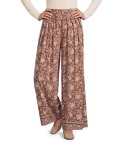 Angie Boarder Print Mid Rise Pull-on Straight Leg Pleated Front Pants