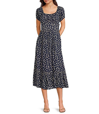 Angie Ditsy Floral Print Scoop Neck Short Puff Sleeve Ruffle Hem Midi Dress