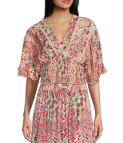 Angie Ditsy Floral Printed V-Neck Flutter Sleeve Lace Trim Coordinating Top
