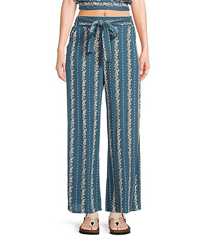 Angie Coordinating Ditsy Print Belted/Tie Front Mid Rise Wide Leg Pull-On Pants