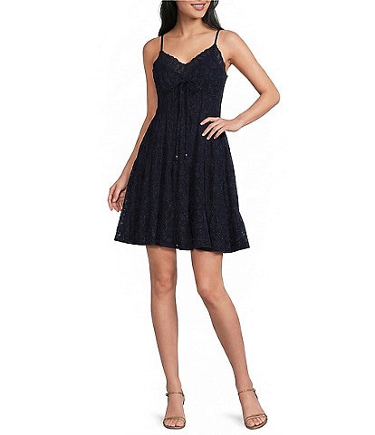 Angie Eyelet Tie Front Lace Trim Tiered Dress