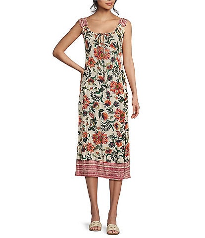 Angie Floral Border Print Tie Front Sleeveless Twist Back Midi Dress