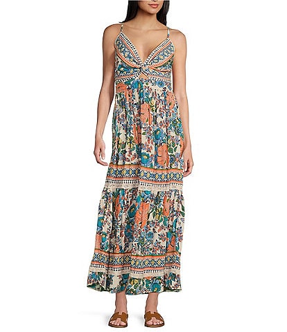 Angie Floral Border Print V-Neck Open Knot Front Maxi Dress