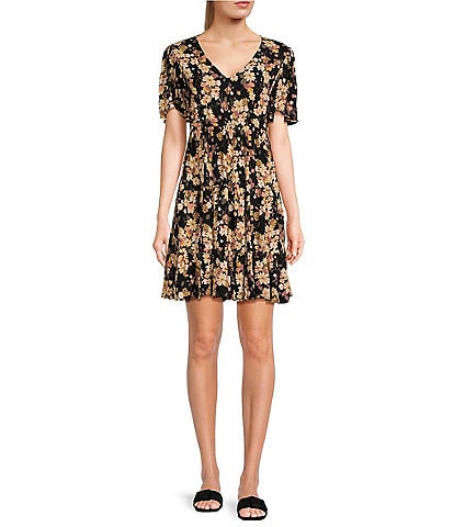 Angie Floral Print Short Sleeve Tiered Fit-And-Flare Dress