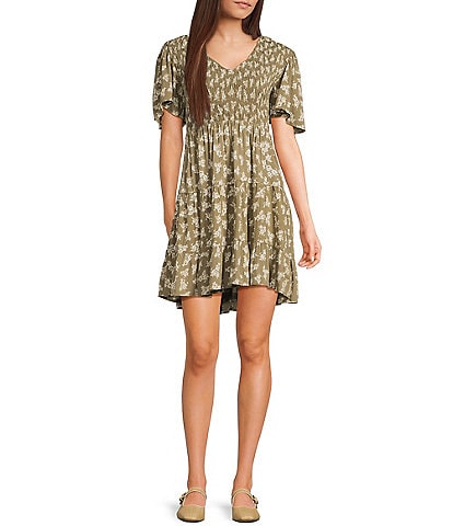 Angie Floral Print V-Neck Short Sleeve Tiered Dress