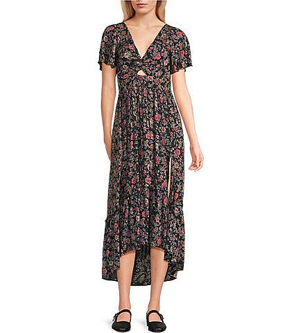 Angie Floral Printed Deep V-Neck Twist Front Tiered Side Slit Midi Dress