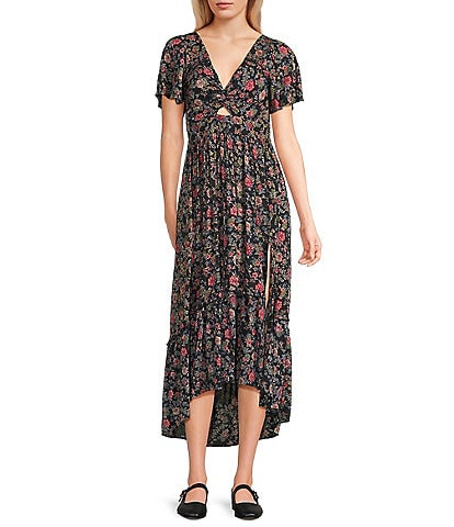 Angie Floral Printed Deep V-Neck Twist Front Tiered Side Slit Midi Dress