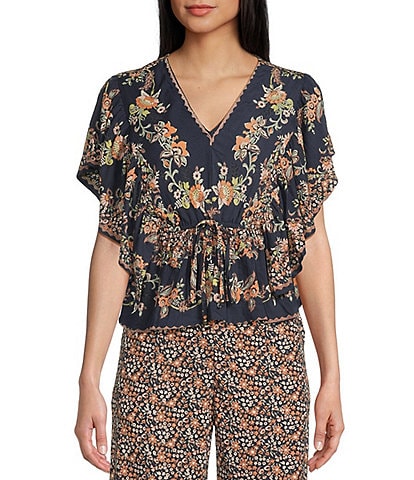 Angie Floral Printed Flutter Sleeve Tie Front Coordinating Top
