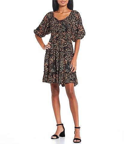 Angie Floral Printed Smocked Short Sleeve Tiered Dress