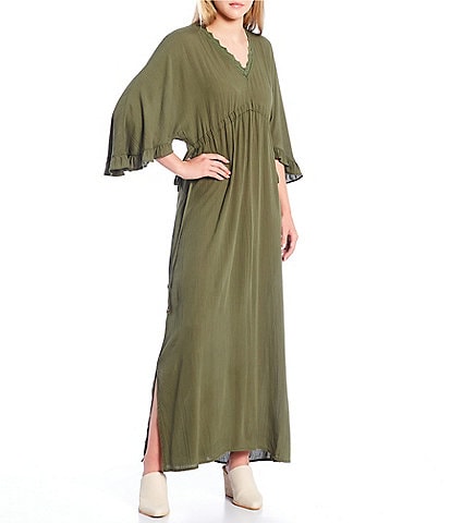 Angie Elbow Ruffle Sleeve Lace Trim Maxi Dress