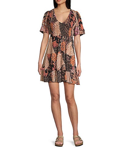 Angie Mixed-Media V-Neck Short Sleeve Tiered Dress