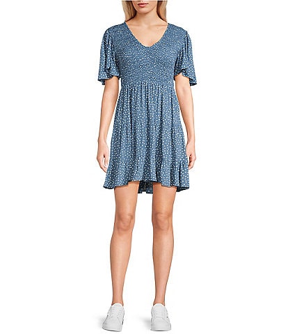 Angie Polka-Dot Print V-Neck Short Sleeve Tiered Dress