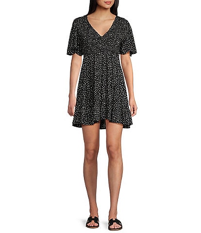 Angie Polka-Dot Print V-Neck Short Sleeve Tiered Dress