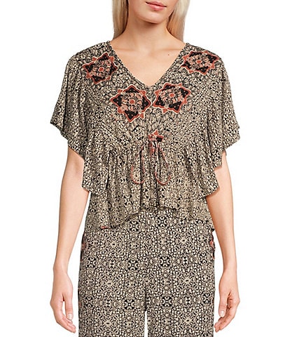 Angie Printed Flutter Sleeve Tie Front Coordinating Top