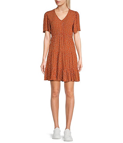 Angie Printed Short Sleeve Tiered Fit-And-Flare Dress