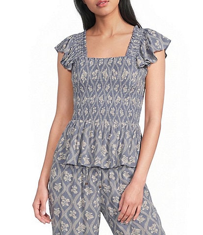 Angie Printed Smocked Square Neck Ruffle Sleeve Cropped Top