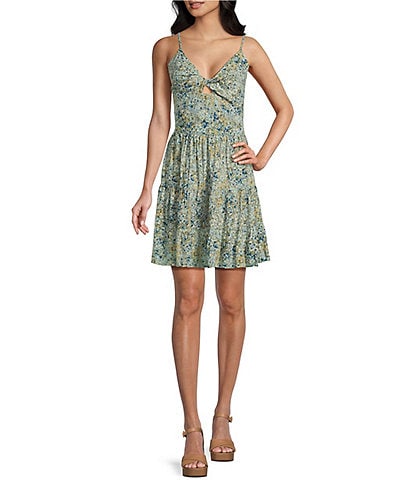 Angie Ditsy Floral V-Neck Spaghetti Strap Twist Front Keyhole Tiered Dress