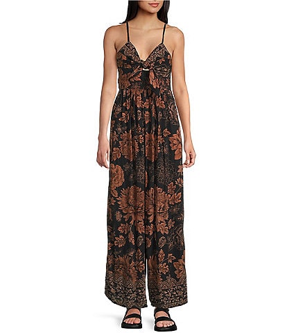 Angie Sleeveless Border Print Keyhole Knot Front Wide Leg Jumpsuit