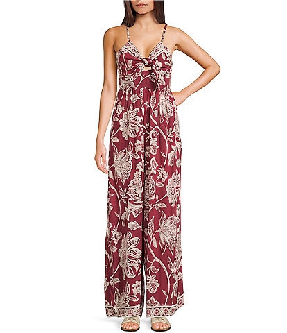 Angie Sleeveless Border Print Keyhole Knot Front Wide Leg Jumpsuit