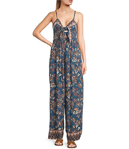 Angie Sleeveless Border Print Keyhole Knot Front Wide Leg Jumpsuit