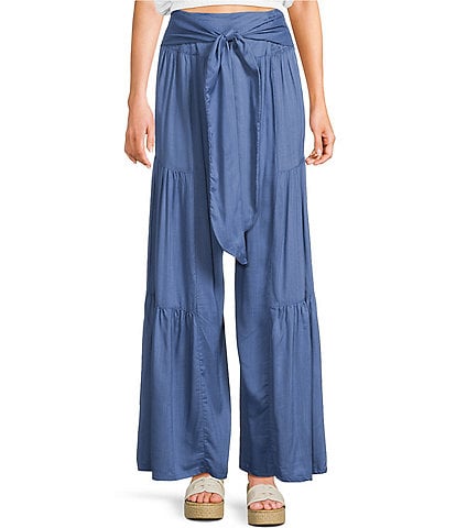 Angie Solid Tiered Tie Front Smocked Wide Leg Pants