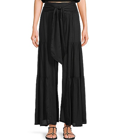 Angie Solid Tiered Tie Front Smocked Wide Leg Pants