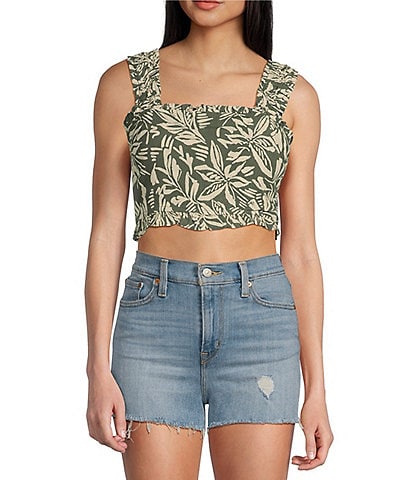 Angie Square Neck Tropical Leaf Ruffle Top