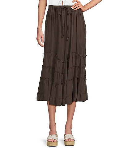 Angie Tie Front Ruffle Midi Skirt