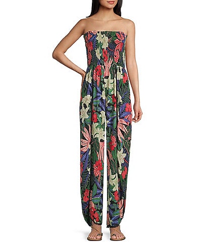 Angie Tropical Print Strapless Smocked Bodice Split Leg Jumpsuit