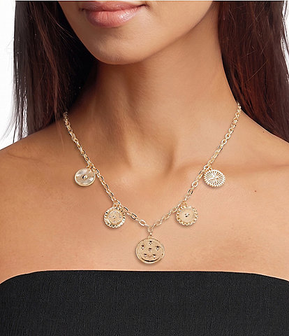  Crystal Stone Star Multi Textured Disc Charm Drop Necklace